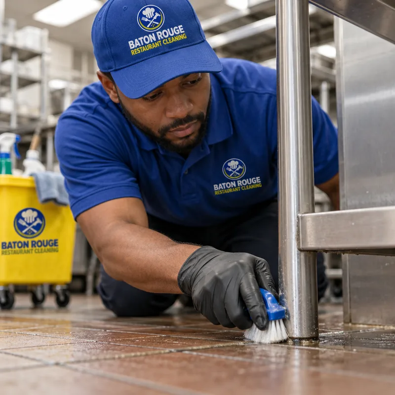 Hand-detailing around a stainless prep table leg and commercial kitchen floor corner
