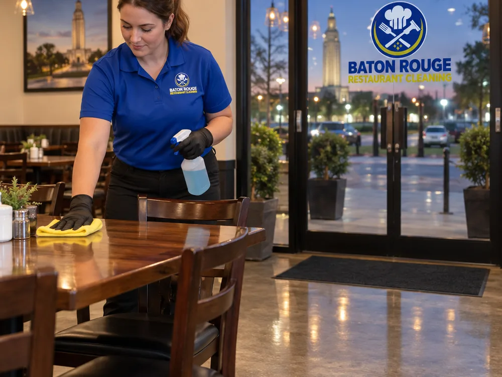 Clean restaurant dining area with wiped chairs, polished floors, and clean glass doors