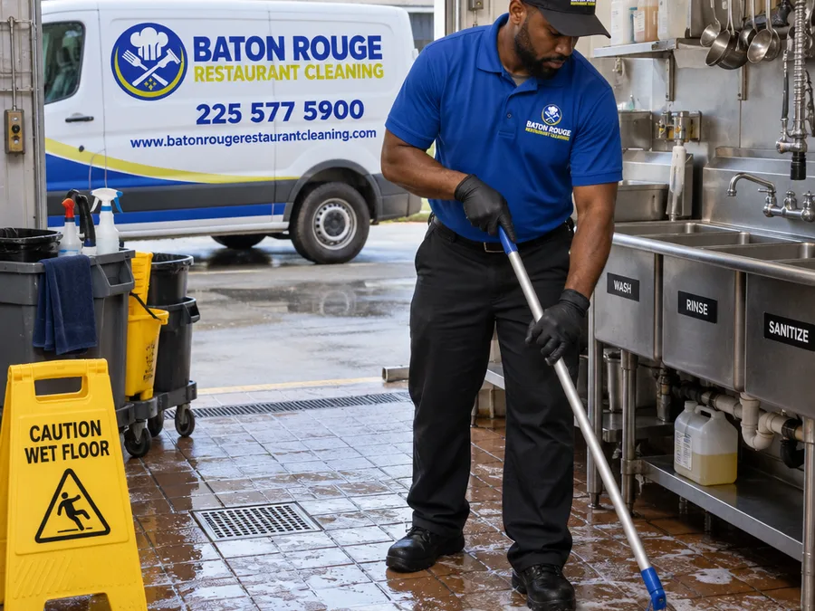 Cleaner mopping and degreasing a commercial kitchen floor near a three-compartment sink