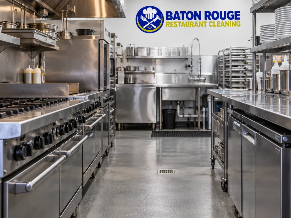 Clean commercial kitchen line after service with degreased floor edges and wiped stainless surfaces